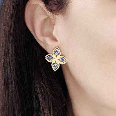 GOLD Steel Filigree Flower Indigo Blue Enamel Earring Stud Four Petal Flower Earring Lightweight Jewelry Portugal Gift Anniversary Wife Gift