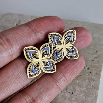 GOLD Steel Filigree Flower Indigo Blue Enamel Earring Stud Four Petal Flower Earring Lightweight Jewelry Portugal Gift Anniversary Wife Gift