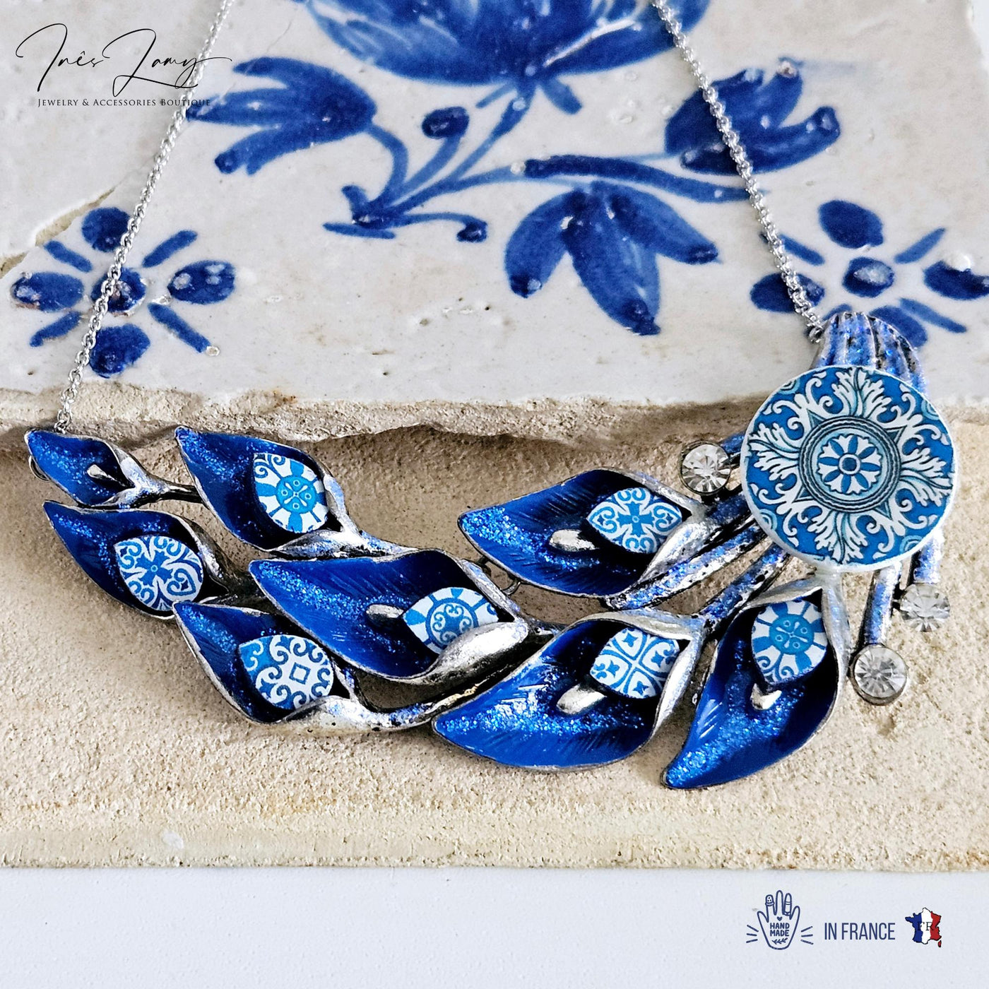 Portugal BLUE Tile Necklace Lily Flower Statement Large Silver Pendant Portuguese Maximalist Jewelry Gift Handmade Tile Anniversary Gift