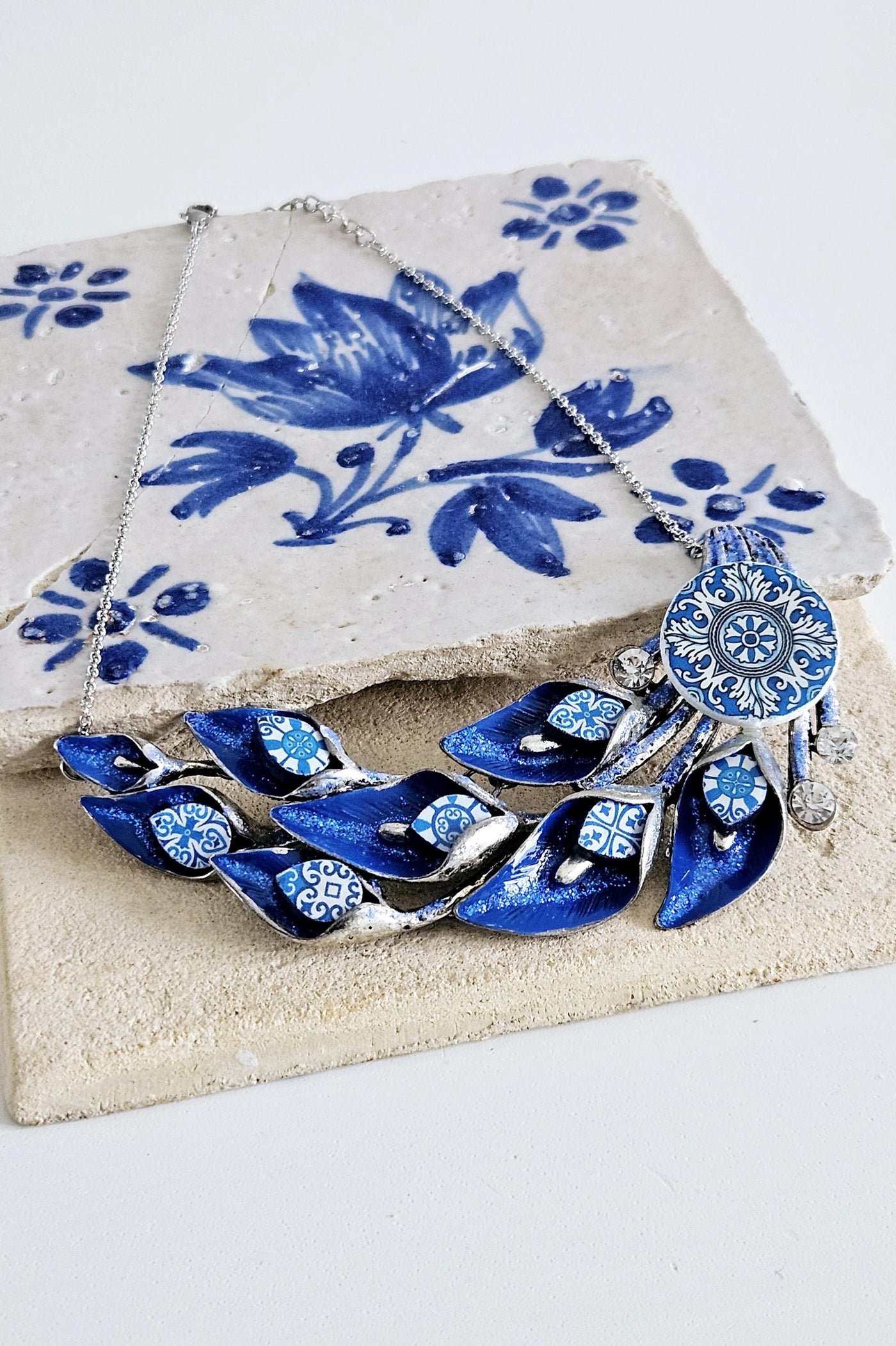Portugal BLUE Tile Necklace Lily Flower Statement Large Silver Pendant Portuguese Maximalist Jewelry Gift Handmade Tile Anniversary Gift