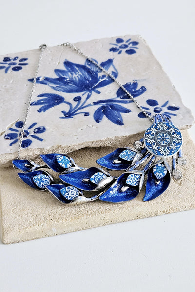 Portugal BLUE Tile Necklace Lily Flower Statement Large Silver Pendant Portuguese Maximalist Jewelry Gift Handmade Tile Anniversary Gift