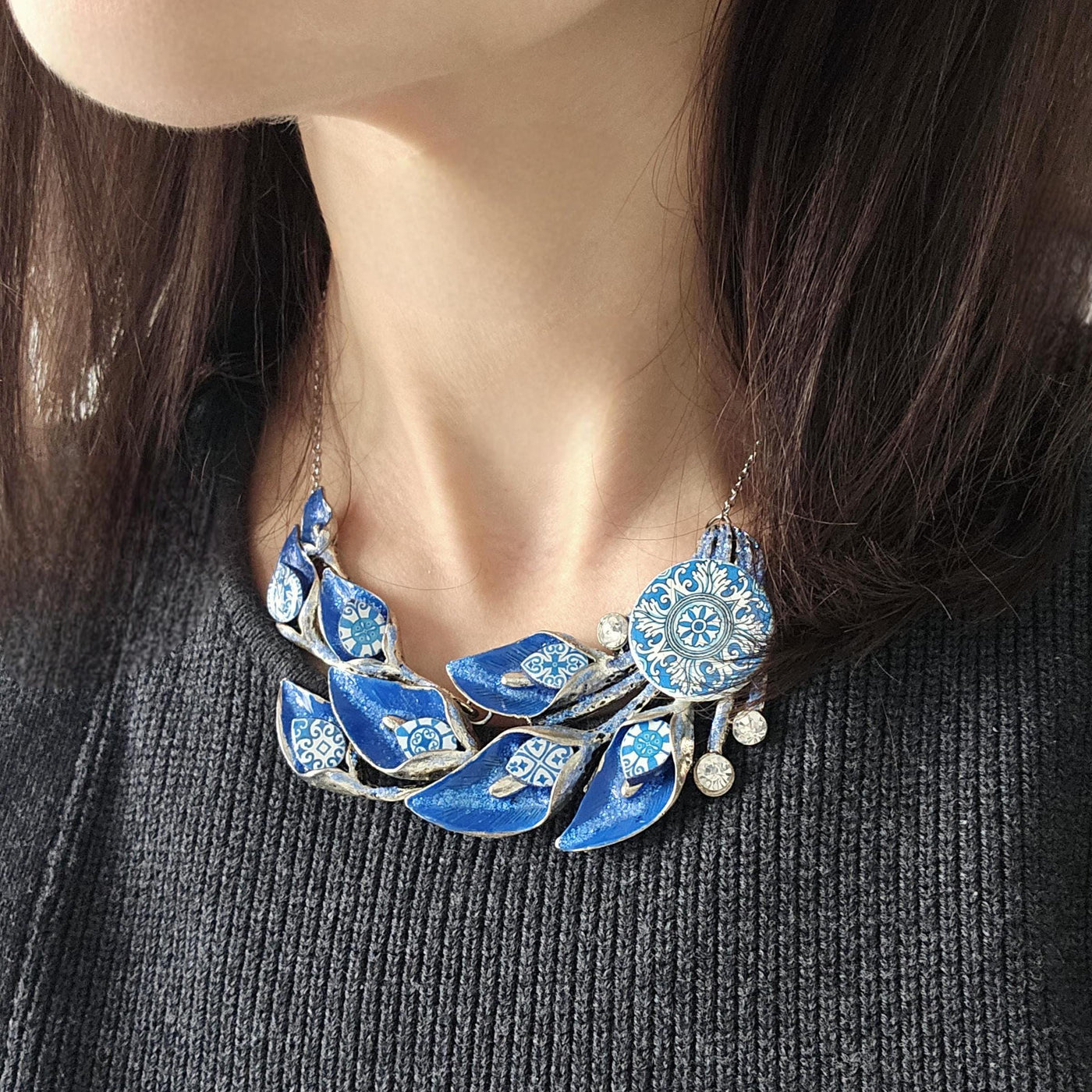 Portugal BLUE Tile Necklace Lily Flower Statement Large Silver Pendant Portuguese Maximalist Jewelry Gift Handmade Tile Anniversary Gift