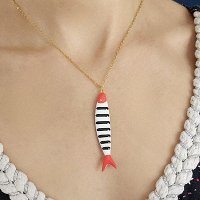 Portuguese Sardine Necklace Fish Pink Red Black Blue Enamel Pendant Gold Sea Animal Long Fish Sardine Jewelry Gift Portugal Souvenir Gift