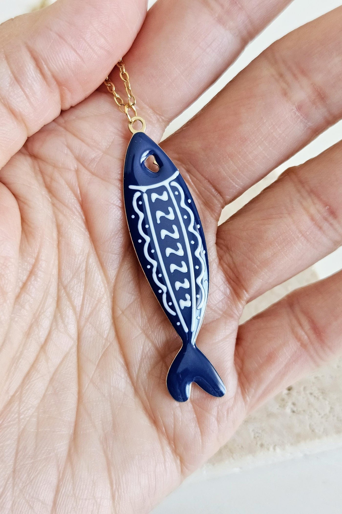 Dark Blue Sardine Necklace Fish Blue White Tile Enamel Pendant Gold Sea Animal Long Fish Sardine Jewelry Gift Portugal Souvenir Gift