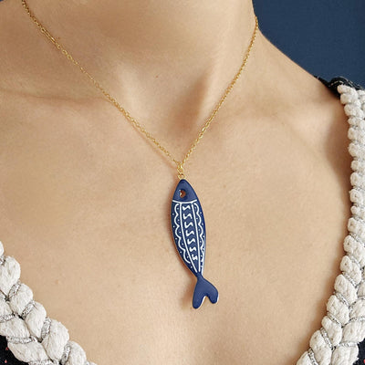 Dark Blue Sardine Necklace Fish Blue White Tile Enamel Pendant Gold Sea Animal Long Fish Sardine Jewelry Gift Portugal Souvenir Gift