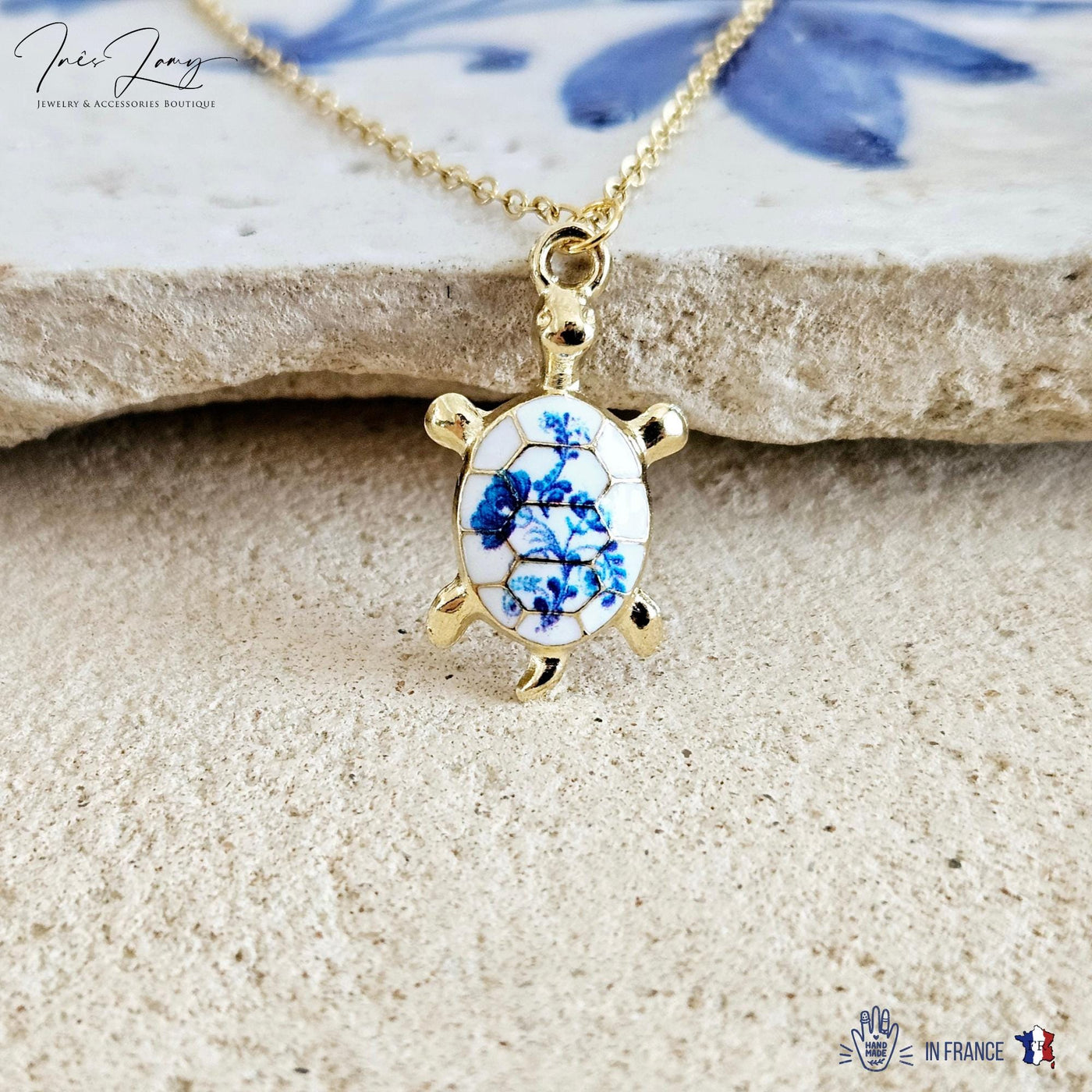 Turtle Flower Portugal Porcelain Pattern Necklace Blue White Tile Enamel Pendant Gold Sea Jewelry Gift Dainty Sea Turtle Layering Necklace