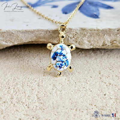 Turtle Flower Portugal Porcelain Pattern Necklace Blue White Tile Enamel Pendant Gold Sea Jewelry Gift Dainty Sea Turtle Layering Necklace