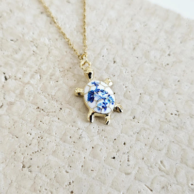 Turtle Flower Portugal Porcelain Pattern Necklace Blue White Tile Enamel Pendant Gold Sea Jewelry Gift Dainty Sea Turtle Layering Necklace
