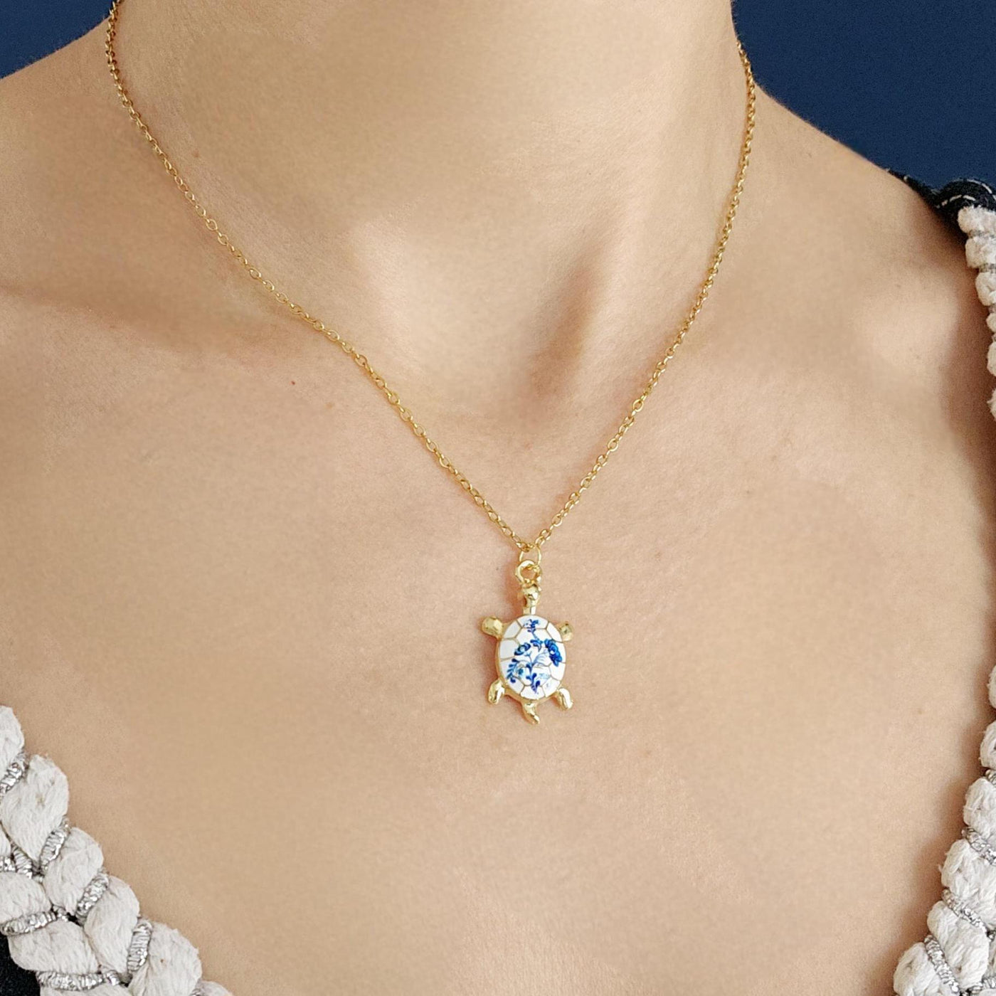 Turtle Flower Portugal Porcelain Pattern Necklace Blue White Tile Enamel Pendant Gold Sea Jewelry Gift Dainty Sea Turtle Layering Necklace