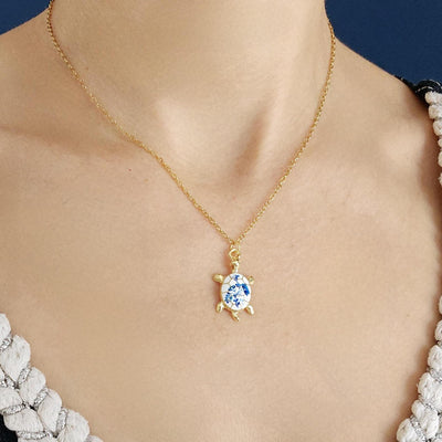 Turtle Flower Portugal Porcelain Pattern Necklace Blue White Tile Enamel Pendant Gold Sea Jewelry Gift Dainty Sea Turtle Layering Necklace