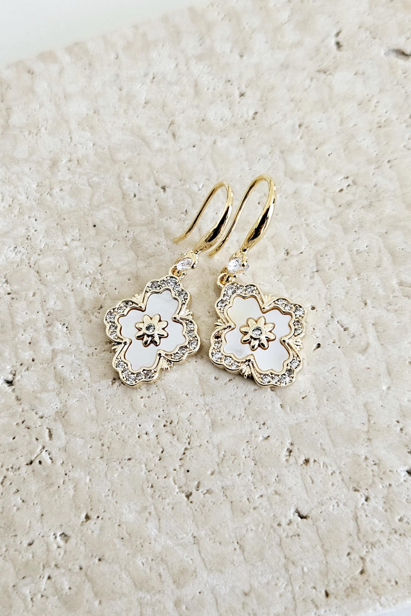 Mother Pearl Baroque Earrings White GOLD Geometric Tile Inspired Zirconia Stone Flower Shell Jewelry Mother Gift Wife Anniversary Gift