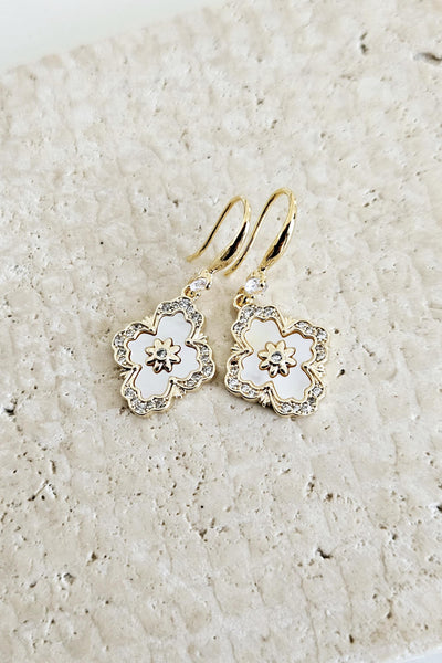 Mother Pearl Baroque Earrings White GOLD Geometric Tile Inspired Zirconia Stone Flower Shell Jewelry Mother Gift Wife Anniversary Gift