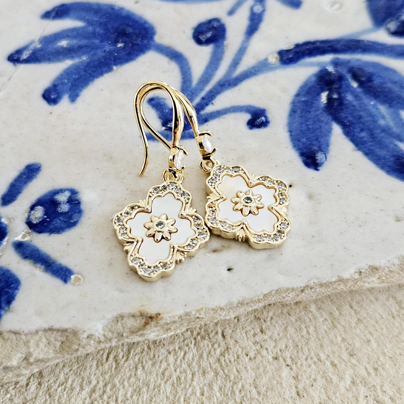 Mother Pearl Baroque Earrings White GOLD Geometric Tile Inspired Zirconia Stone Flower Shell Jewelry Mother Gift Wife Anniversary Gift