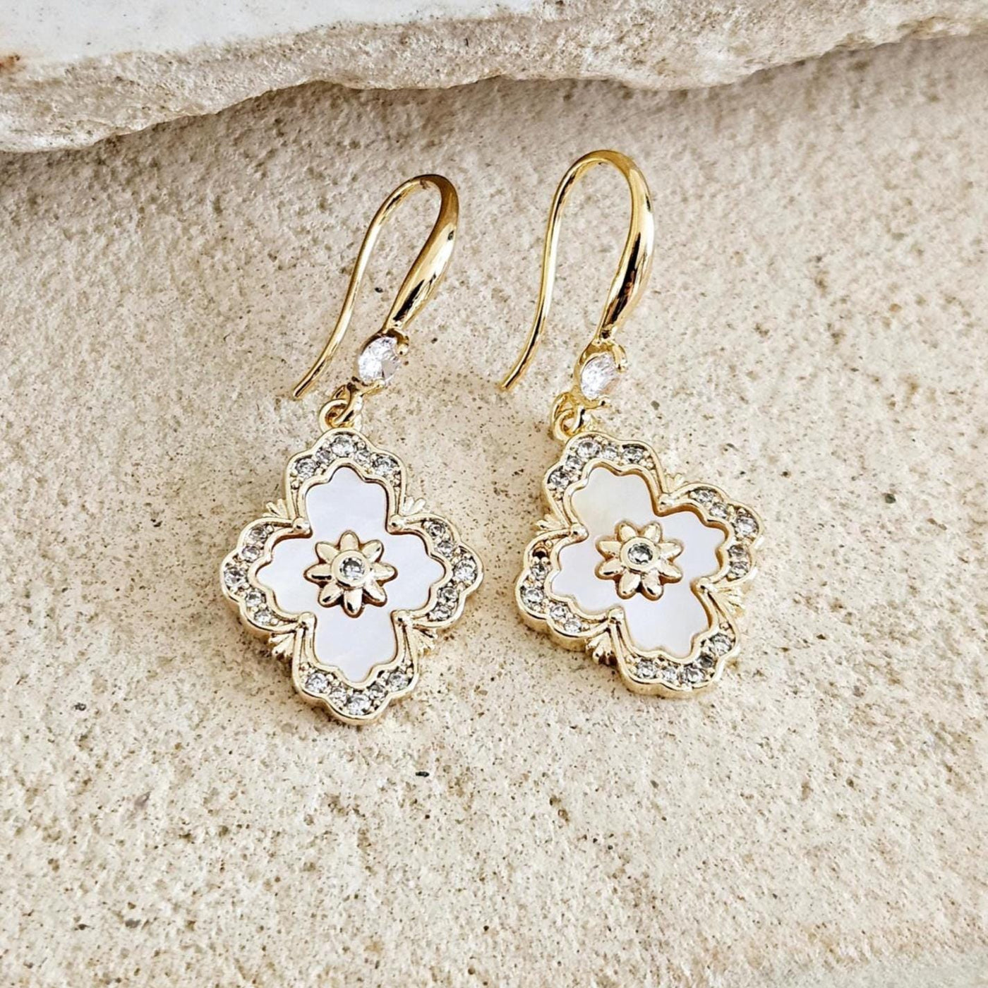 Mother Pearl Baroque Earrings White GOLD Geometric Tile Inspired Zirconia Stone Flower Shell Jewelry Mother Gift Wife Anniversary Gift