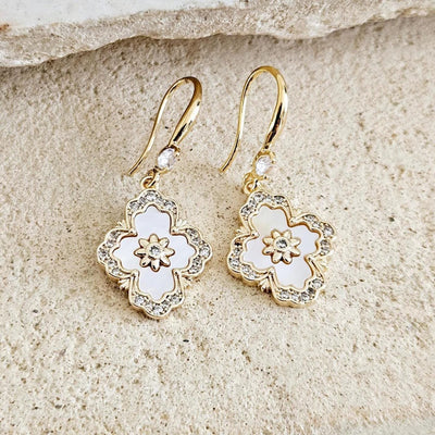 Mother Pearl Baroque Earrings White GOLD Geometric Tile Inspired Zirconia Stone Flower Shell Jewelry Mother Gift Wife Anniversary Gift