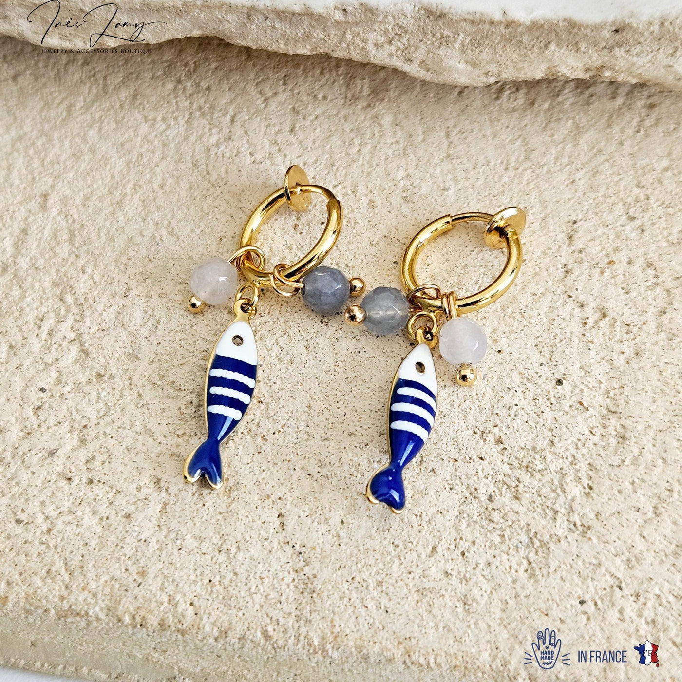 Striped Small Sardine Earring Natural Stone Charm Blue White Fish Earring Gold Non Pierced Ears Hoop Earring Enamel Coastal Portugal Gift