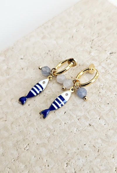 Striped Small Sardine Earring Natural Stone Charm Blue White Fish Earring Gold Non Pierced Ears Hoop Earring Enamel Coastal Portugal Gift