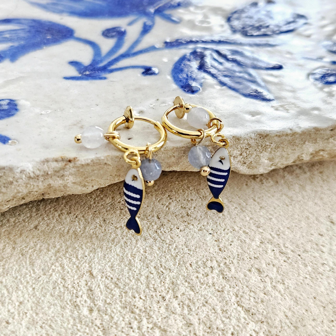 Striped Small Sardine Earring Natural Stone Charm Blue White Fish Earring Gold Non Pierced Ears Hoop Earring Enamel Coastal Portugal Gift