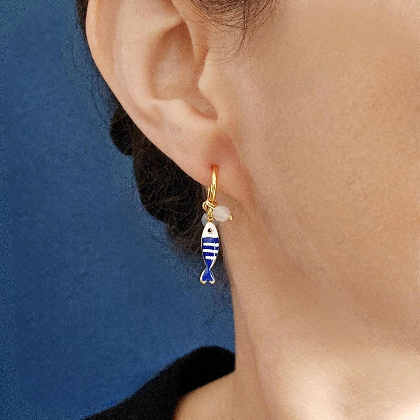 Striped Small Sardine Earring Natural Stone Charm Blue White Fish Earring Gold Non Pierced Ears Hoop Earring Enamel Coastal Portugal Gift