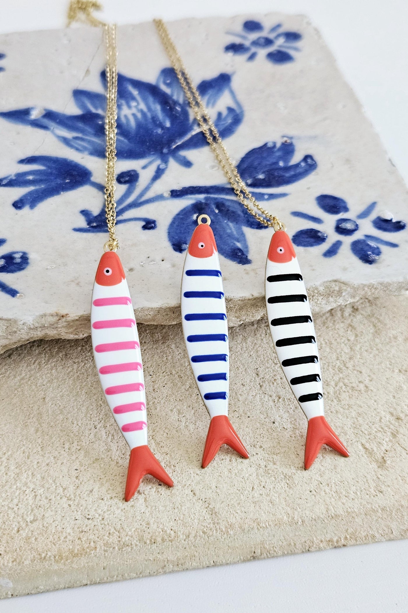 Portuguese Sardine Necklace Fish Pink Red Black Blue Enamel Pendant Gold Sea Animal Long Fish Sardine Jewelry Gift Portugal Souvenir Gift