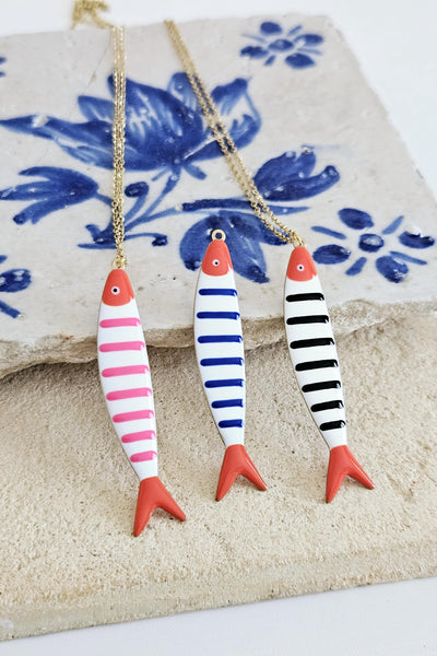 Portuguese Sardine Necklace Fish Pink Red Black Blue Enamel Pendant Gold Sea Animal Long Fish Sardine Jewelry Gift Portugal Souvenir Gift