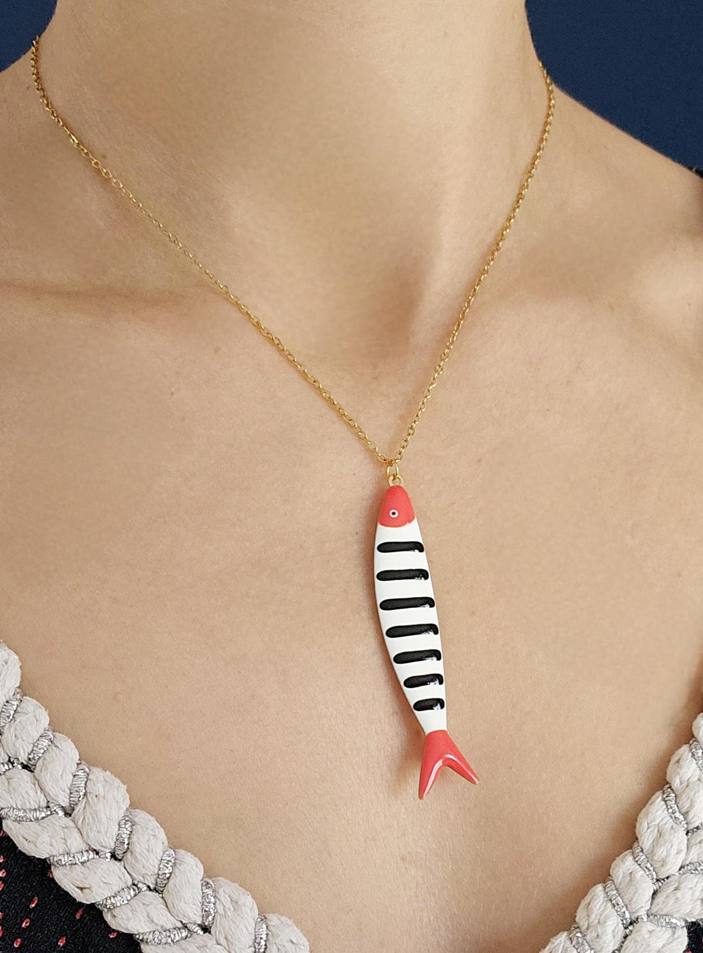 Portuguese Sardine Necklace Fish Pink Red Black Blue Enamel Pendant Gold Sea Animal Long Fish Sardine Jewelry Gift Portugal Souvenir Gift