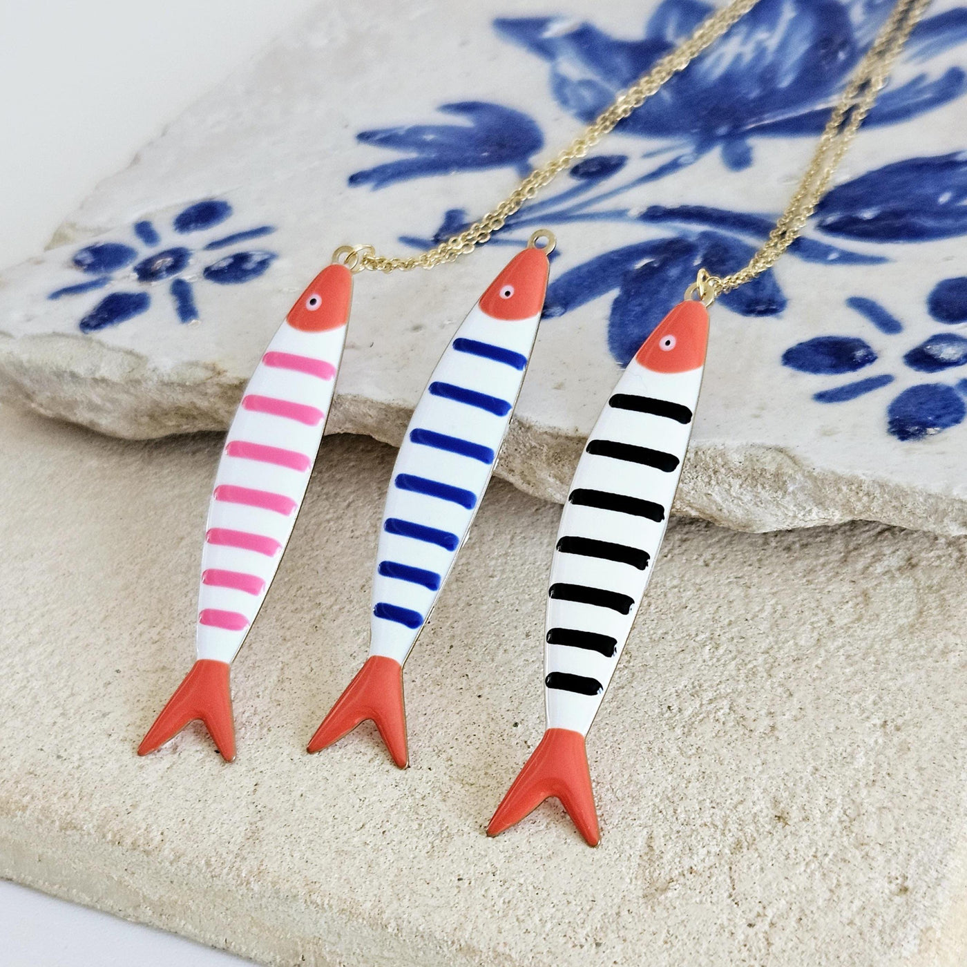 Portuguese Sardine Necklace Fish Pink Red Black Blue Enamel Pendant Gold Sea Animal Long Fish Sardine Jewelry Gift Portugal Souvenir Gift