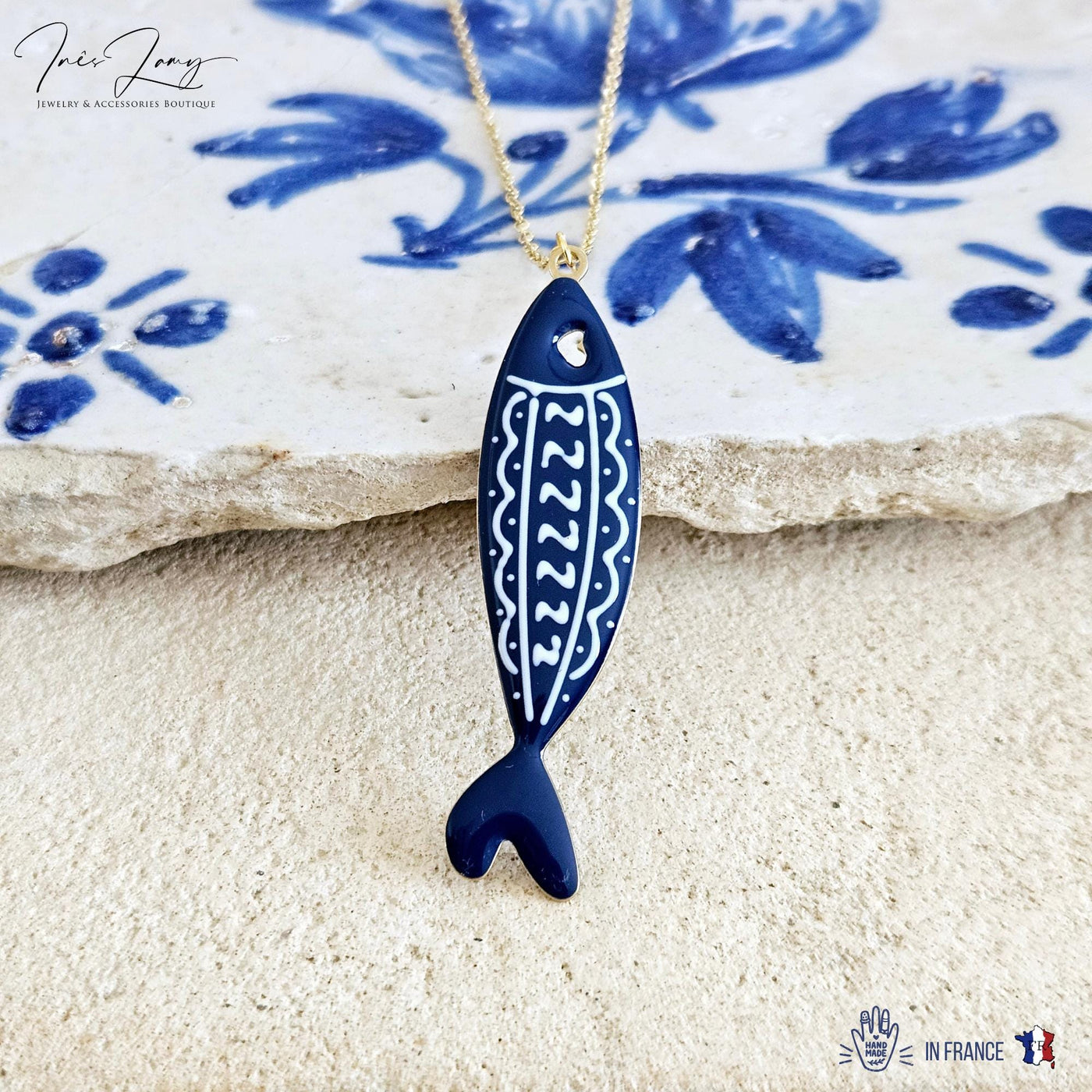 Dark Blue Sardine Necklace Fish Blue White Tile Enamel Pendant Gold Sea Animal Long Fish Sardine Jewelry Gift Portugal Souvenir Gift