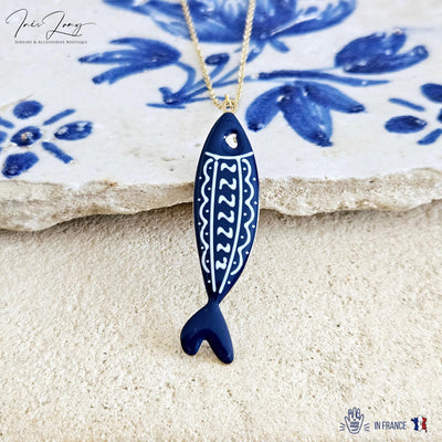 Dark Blue Sardine Necklace Fish Blue White Tile Enamel Pendant Gold Sea Animal Long Fish Sardine Jewelry Gift Portugal Souvenir Gift