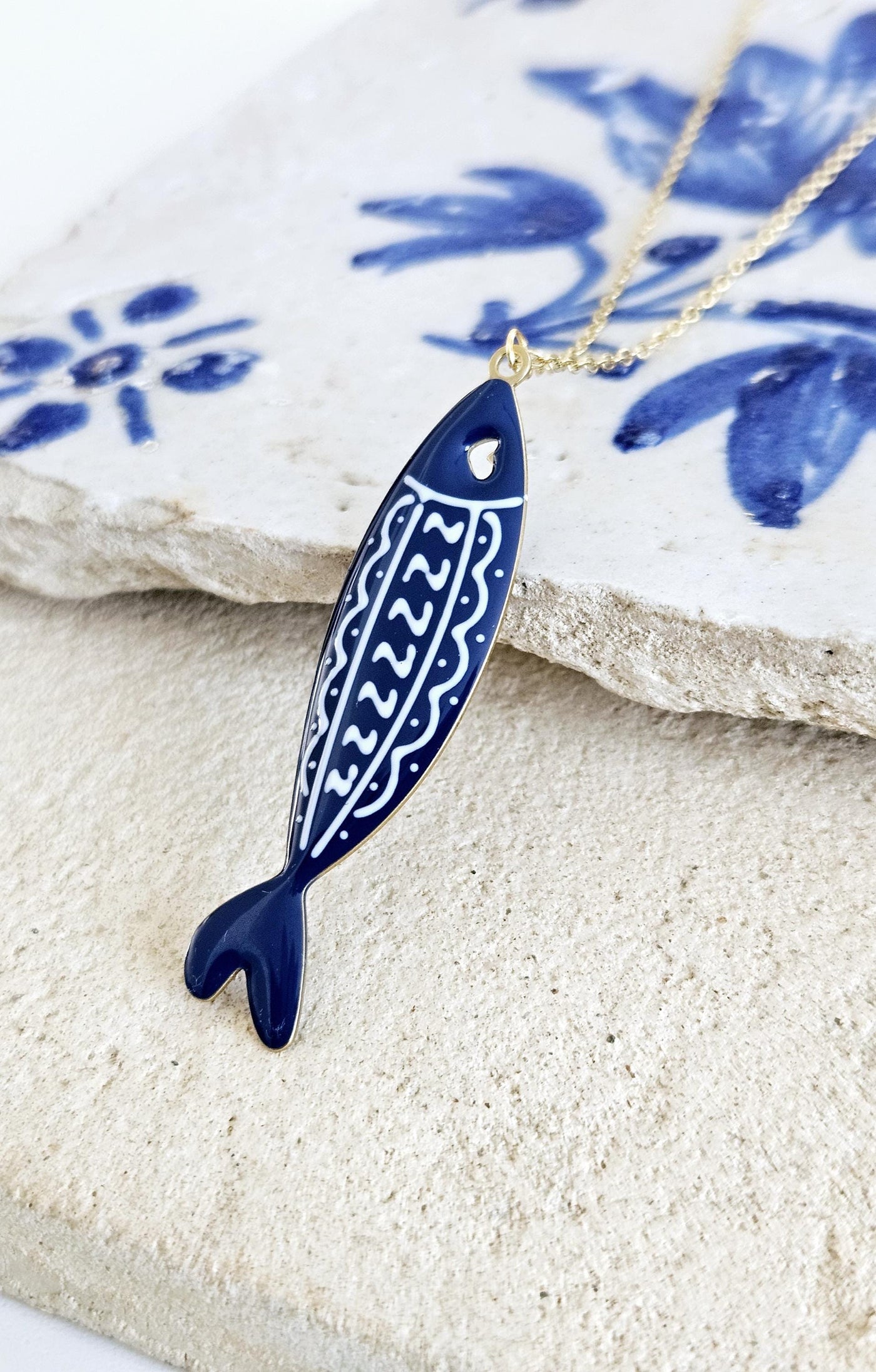 Dark Blue Sardine Necklace Fish Blue White Tile Enamel Pendant Gold Sea Animal Long Fish Sardine Jewelry Gift Portugal Souvenir Gift