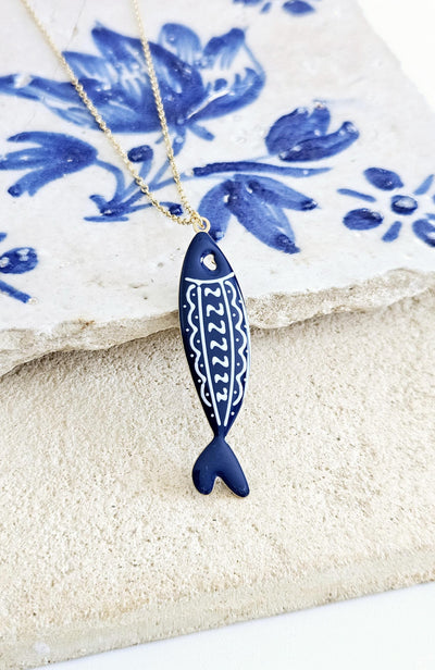 Dark Blue Sardine Necklace Fish Blue White Tile Enamel Pendant Gold Sea Animal Long Fish Sardine Jewelry Gift Portugal Souvenir Gift