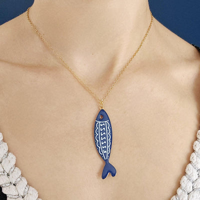 Dark Blue Sardine Necklace Fish Blue White Tile Enamel Pendant Gold Sea Animal Long Fish Sardine Jewelry Gift Portugal Souvenir Gift