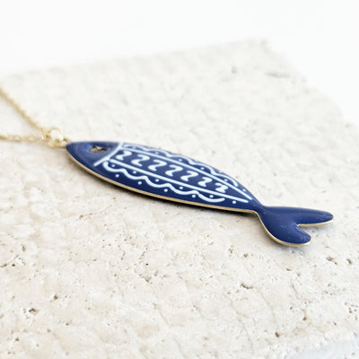 Dark Blue Sardine Necklace Fish Blue White Tile Enamel Pendant Gold Sea Animal Long Fish Sardine Jewelry Gift Portugal Souvenir Gift