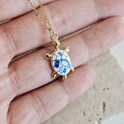 Turtle Flower Portugal Porcelain Pattern Necklace Blue White Tile Enamel Pendant Gold Sea Jewelry Gift Dainty Sea Turtle Layering Necklace