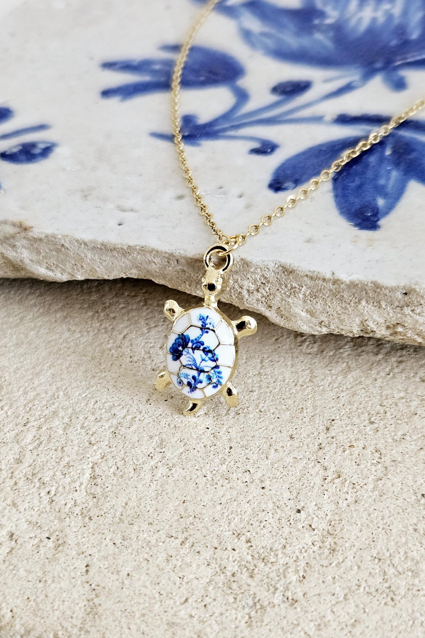 Turtle Flower Portugal Porcelain Pattern Necklace Blue White Tile Enamel Pendant Gold Sea Jewelry Gift Dainty Sea Turtle Layering Necklace