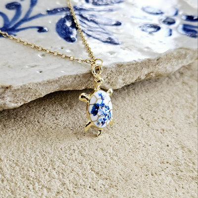 Turtle Flower Portugal Porcelain Pattern Necklace Blue White Tile Enamel Pendant Gold Sea Jewelry Gift Dainty Sea Turtle Layering Necklace