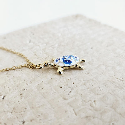 Turtle Flower Portugal Porcelain Pattern Necklace Blue White Tile Enamel Pendant Gold Sea Jewelry Gift Dainty Sea Turtle Layering Necklace
