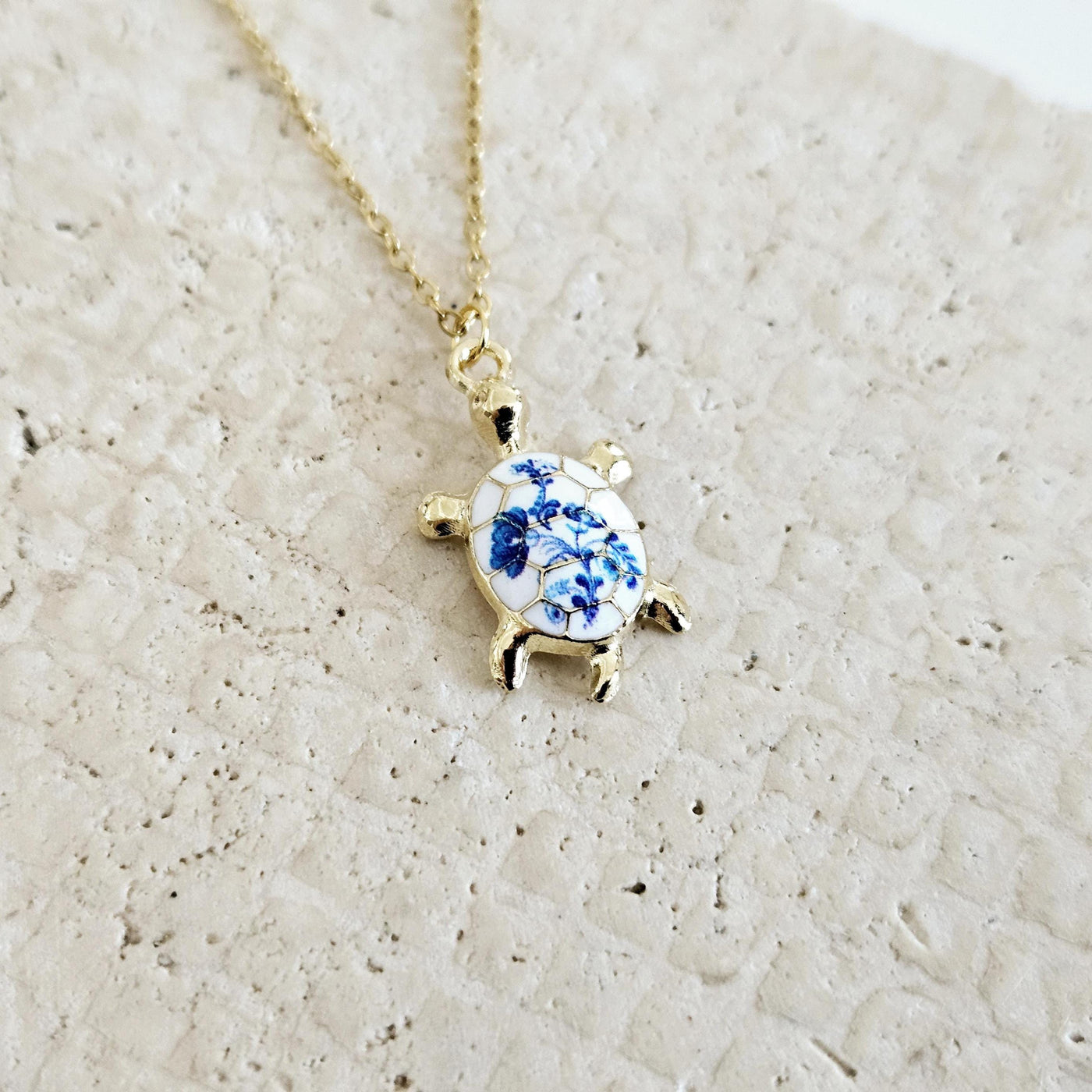 Turtle Flower Portugal Porcelain Pattern Necklace Blue White Tile Enamel Pendant Gold Sea Jewelry Gift Dainty Sea Turtle Layering Necklace