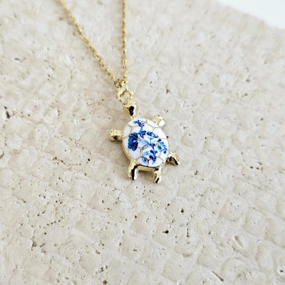 Turtle Flower Portugal Porcelain Pattern Necklace Blue White Tile Enamel Pendant Gold Sea Jewelry Gift Dainty Sea Turtle Layering Necklace