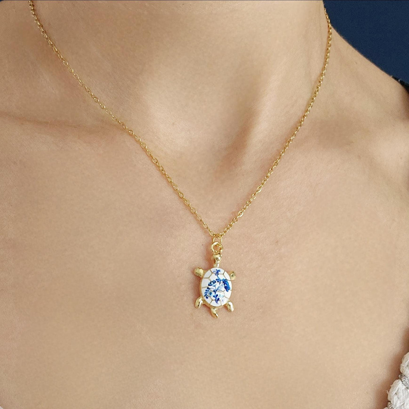 Turtle Flower Portugal Porcelain Pattern Necklace Blue White Tile Enamel Pendant Gold Sea Jewelry Gift Dainty Sea Turtle Layering Necklace
