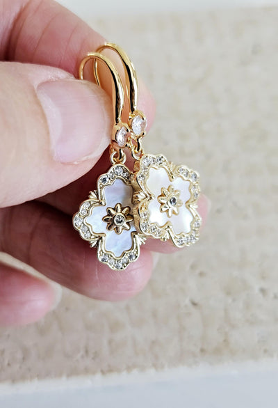 Mother Pearl Baroque Earrings White GOLD Geometric Tile Inspired Zirconia Stone Flower Shell Jewelry Mother Gift Wife Anniversary Gift