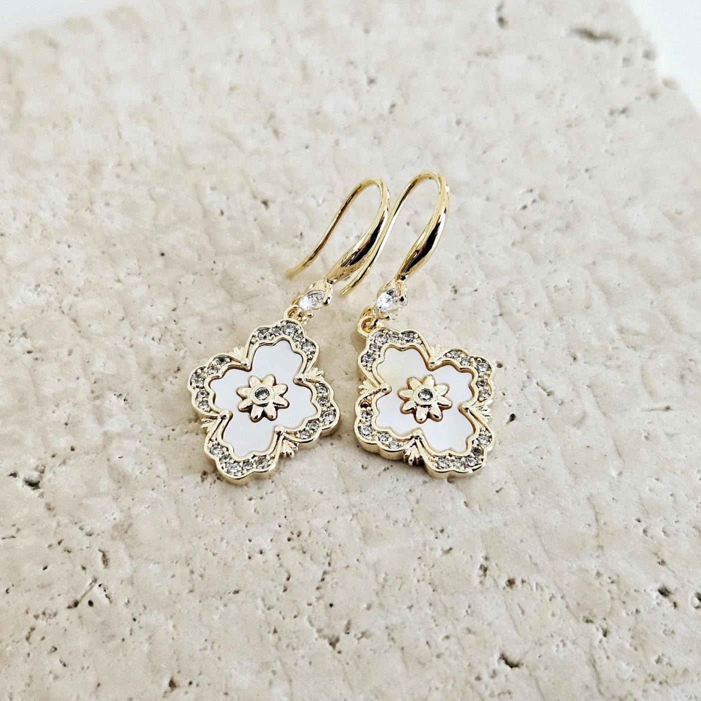 Mother Pearl Baroque Earrings White GOLD Geometric Tile Inspired Zirconia Stone Flower Shell Jewelry Mother Gift Wife Anniversary Gift