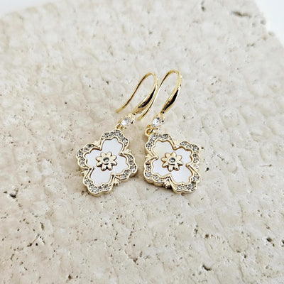 Mother Pearl Baroque Earrings White GOLD Geometric Tile Inspired Zirconia Stone Flower Shell Jewelry Mother Gift Wife Anniversary Gift