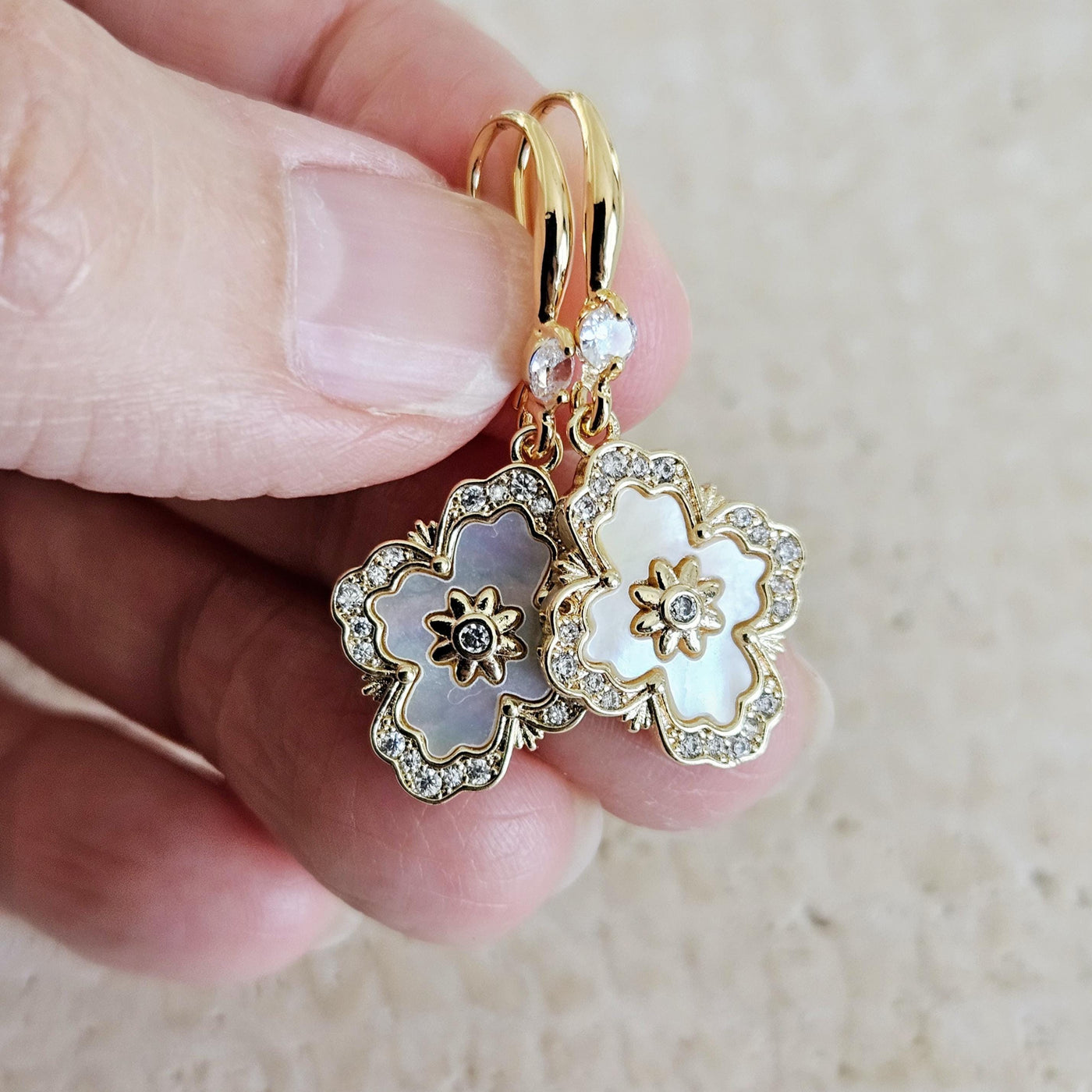 Mother Pearl Baroque Earrings White GOLD Geometric Tile Inspired Zirconia Stone Flower Shell Jewelry Mother Gift Wife Anniversary Gift