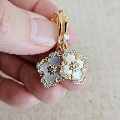 Mother Pearl Baroque Earrings White GOLD Geometric Tile Inspired Zirconia Stone Flower Shell Jewelry Mother Gift Wife Anniversary Gift