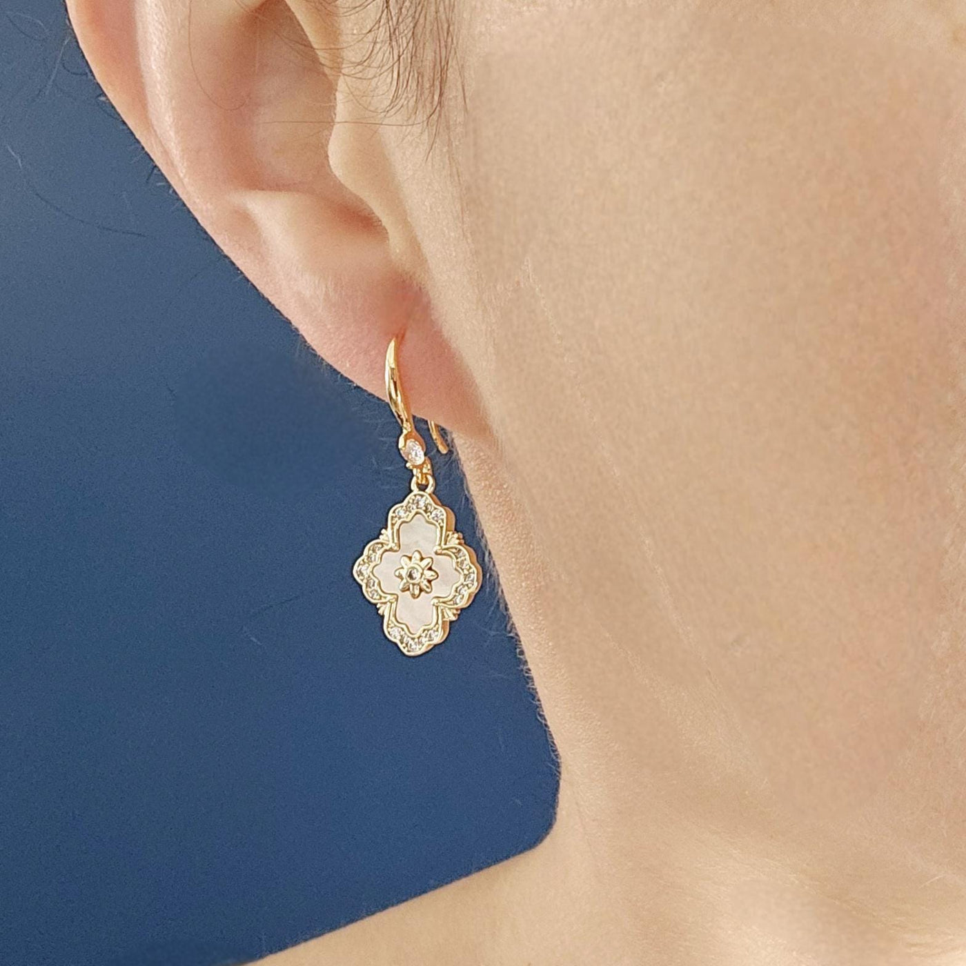 Mother Pearl Baroque Earrings White GOLD Geometric Tile Inspired Zirconia Stone Flower Shell Jewelry Mother Gift Wife Anniversary Gift