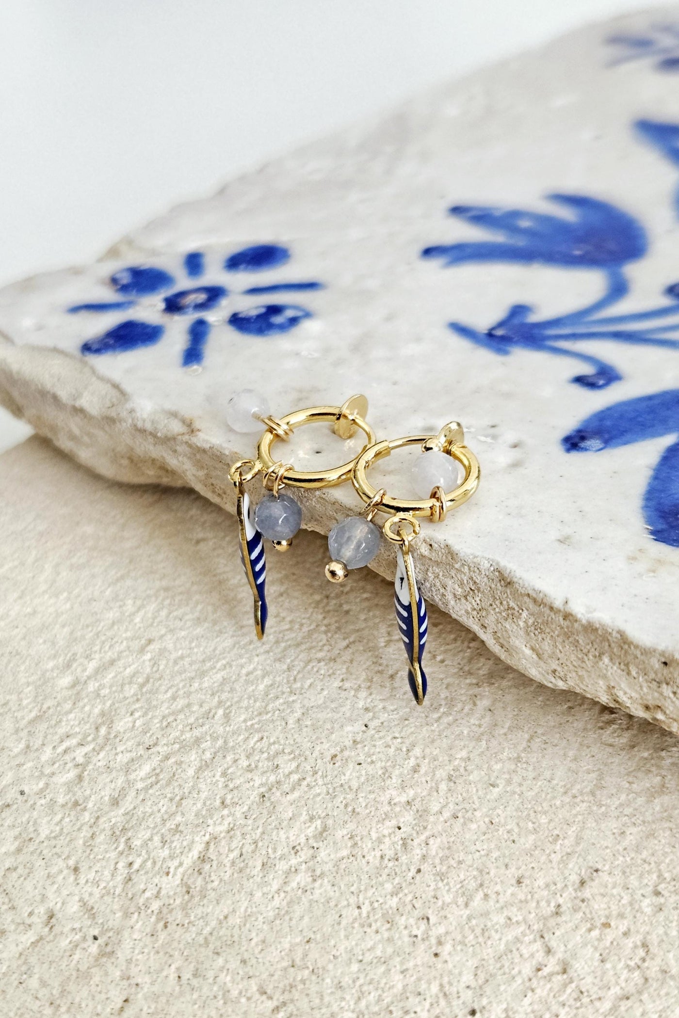 Striped Small Sardine Earring Natural Stone Charm Blue White Fish Earring Gold Non Pierced Ears Hoop Earring Enamel Coastal Portugal Gift