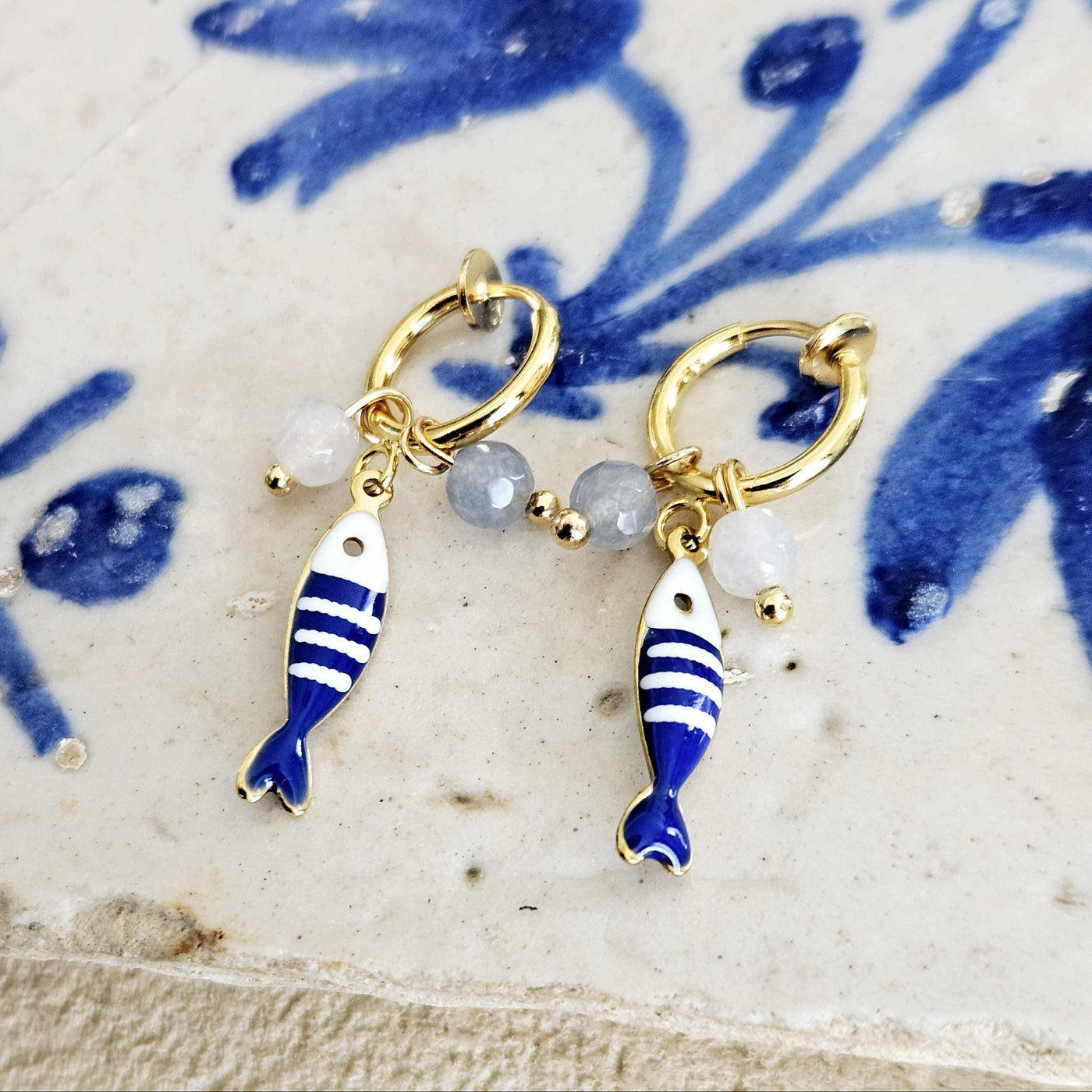 Striped Small Sardine Earring Natural Stone Charm Blue White Fish Earring Gold Non Pierced Ears Hoop Earring Enamel Coastal Portugal Gift