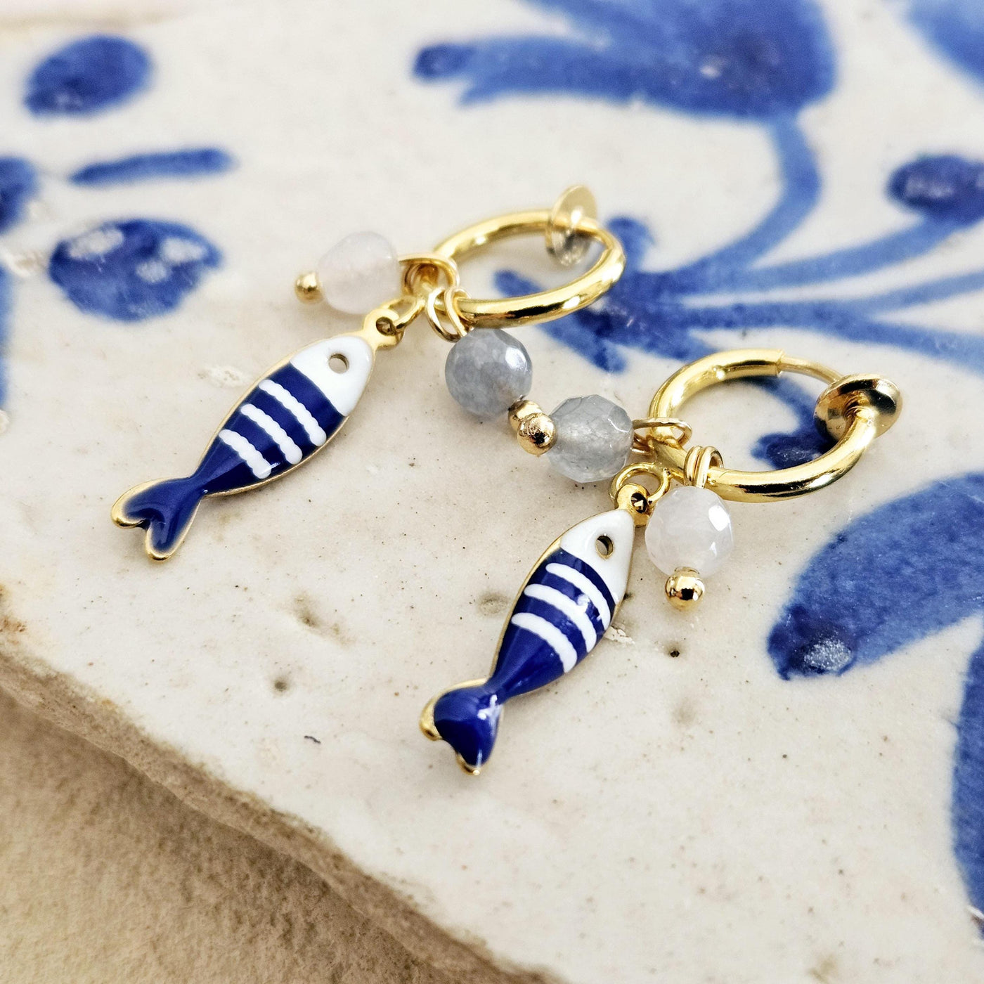 Striped Small Sardine Earring Natural Stone Charm Blue White Fish Earring Gold Non Pierced Ears Hoop Earring Enamel Coastal Portugal Gift
