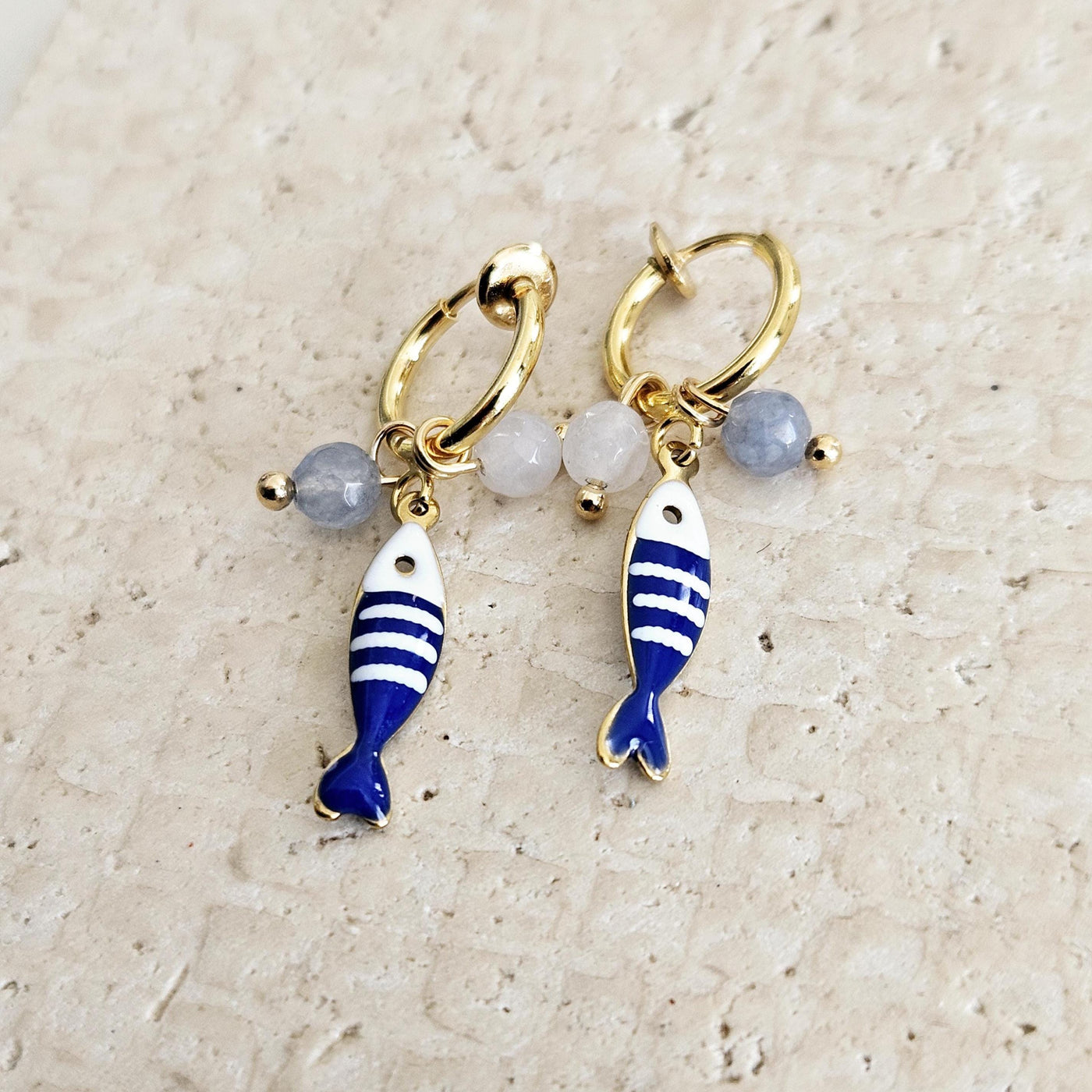 Striped Small Sardine Earring Natural Stone Charm Blue White Fish Earring Gold Non Pierced Ears Hoop Earring Enamel Coastal Portugal Gift